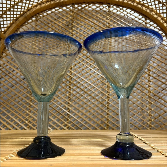 Other - Hand Blown Blue Rimmed Martini Glasses